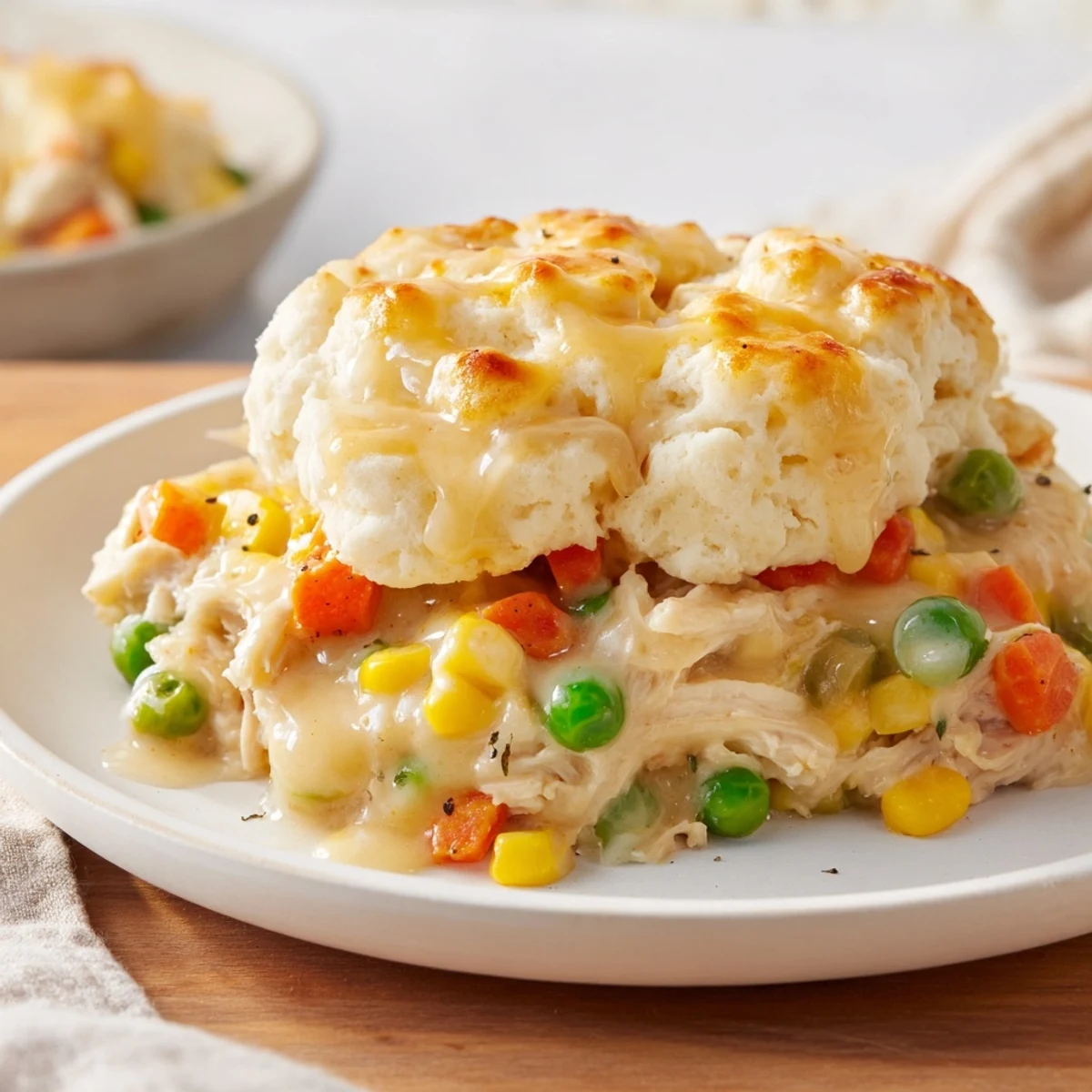 A close-up of bubbling Chicken Cobbler with Red Lobster mix, ready to eat with a fluffy biscuit topping.