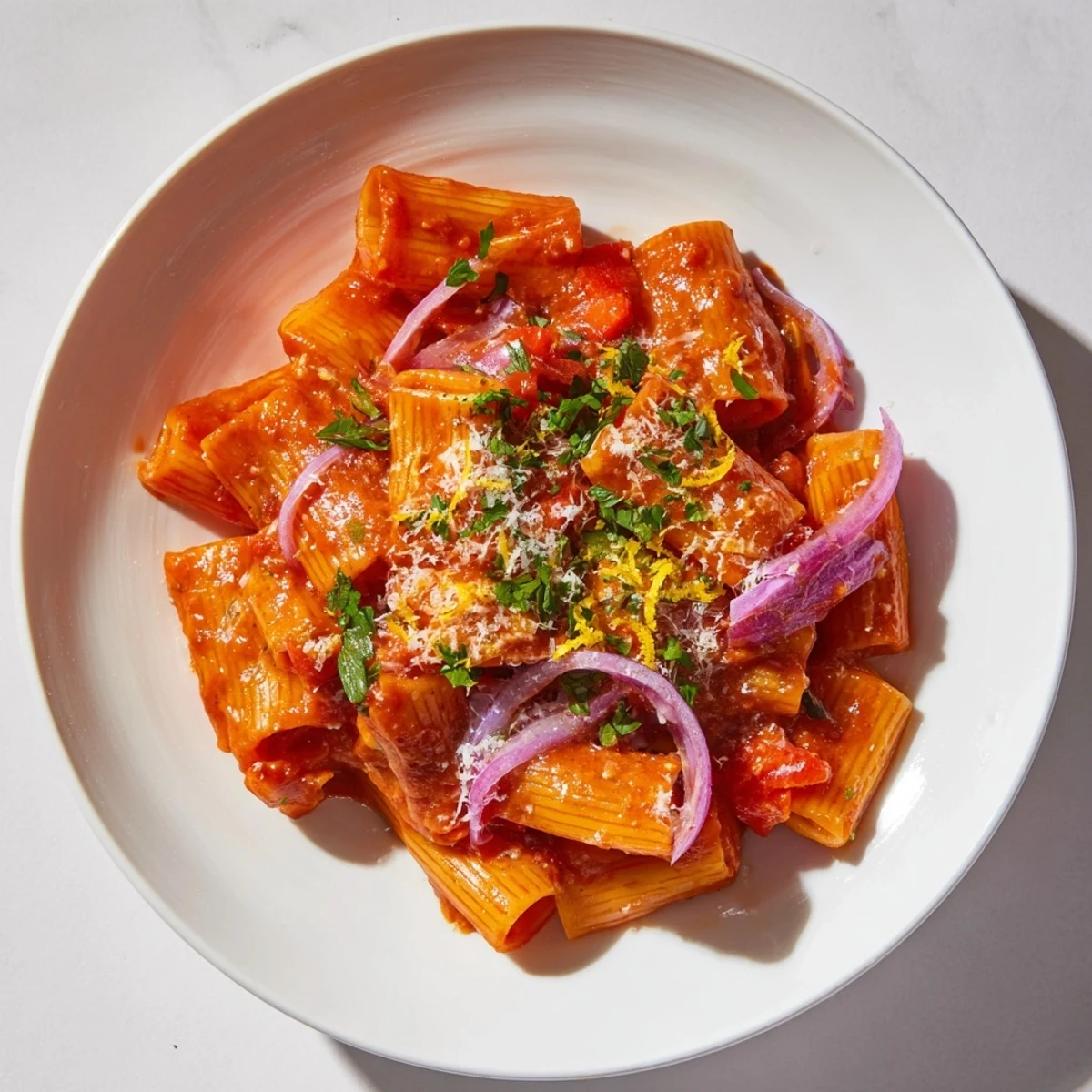 Fiery, vibrant photo of the one-pot Diavola spicy pasta, ready to serve with Parmesan.