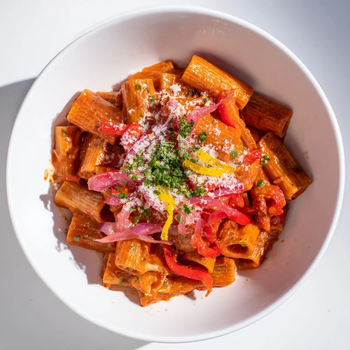 Close-up of the finished one-pot Diavola spicy pasta, showcasing red pepper and fresh herbs.