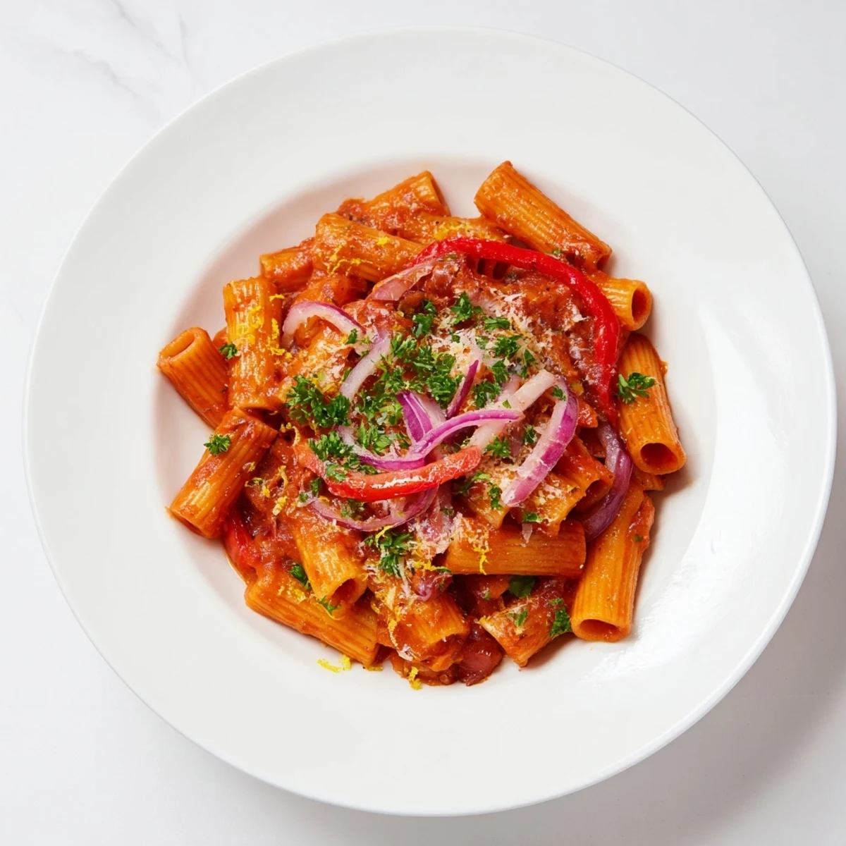 Steaming bowl of delicious one-pot Diavola spicy pasta, perfect for a cozy Italian dinner.