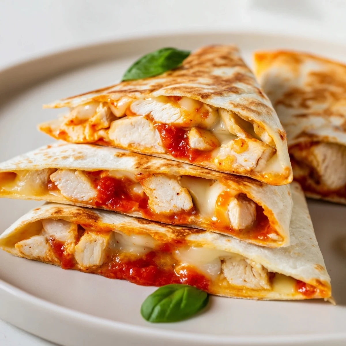 Warm, crispy Tortilla Pizza Wrap with Chicken: golden tortilla, melted cheese, and juicy chicken bits.