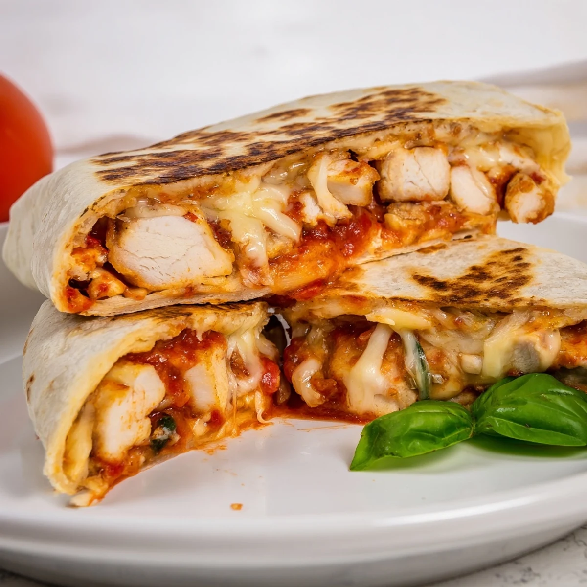 Homemade Tortilla Pizza Wrap with Chicken showcasing a perfectly folded tortilla with melted mozzarella and fresh basil.