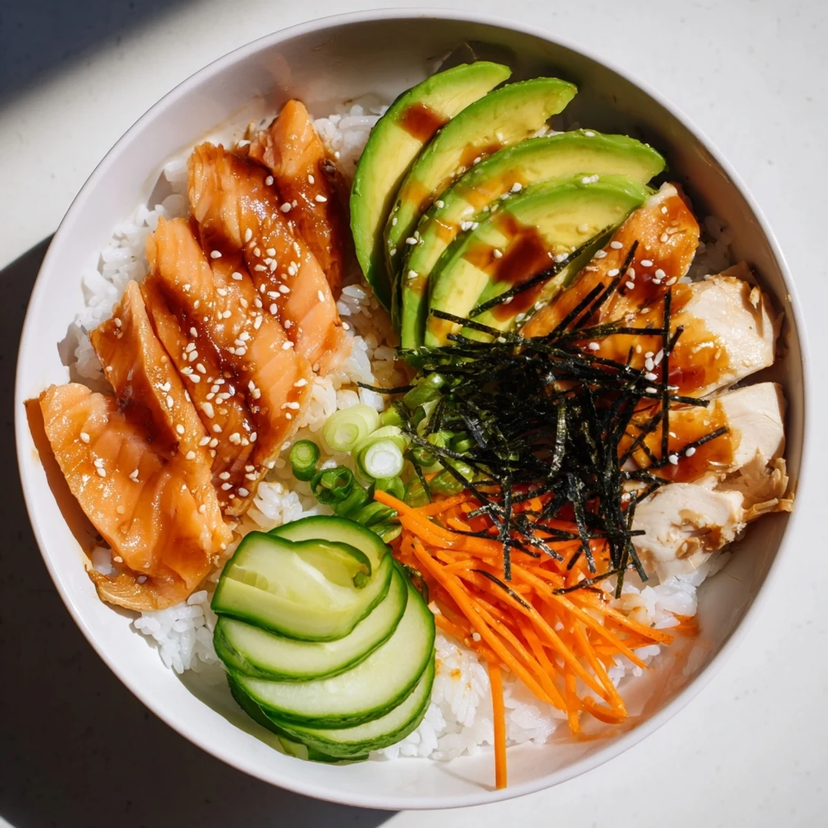 Salmón y pollo arroz japonés