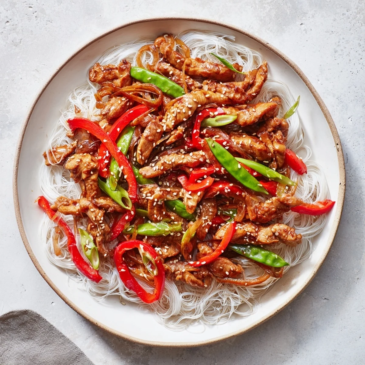 Tender Mongolian Chicken with Rice Noodles, shiny sauce, and colorful bell peppers ready to eat.