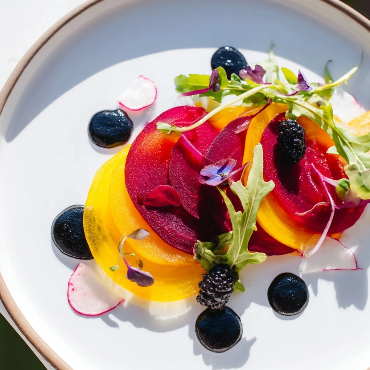 A layered presentation of "The Shadow Play" appetizer with golden and red beets.