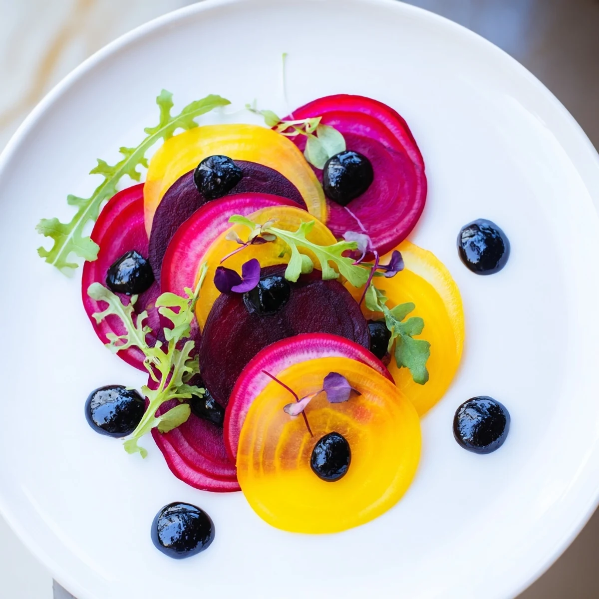 Vibrant microgreens garnish "The Shadow Play," a vegetarian appetizer with black tahini.