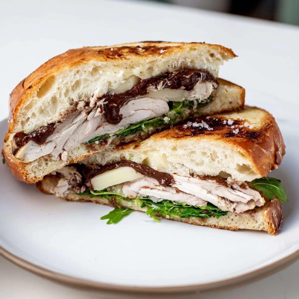 Golden brown Nutella grilled cheese with chicken, a melty, savory, and sweet sandwich.