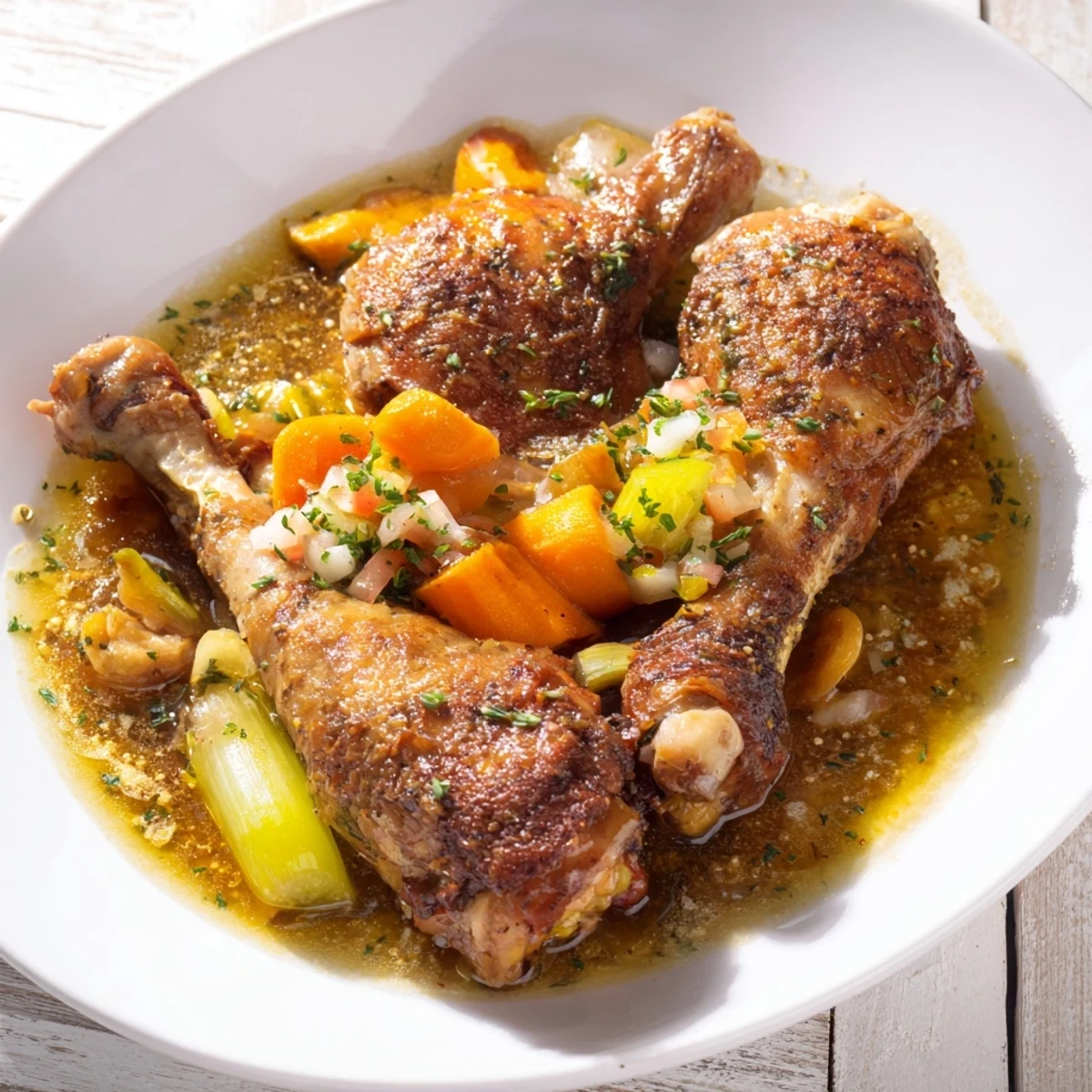 A close-up of Georgia Pot Roast Chicken, showcasing the juicy chicken and sweet onions.