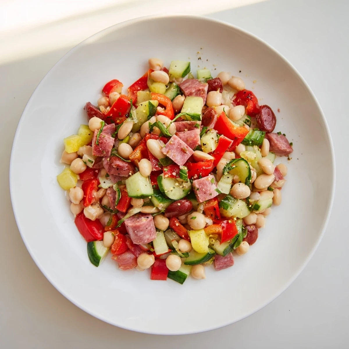 Hearty Mediterranean Dense Bean Salad with salami: a close-up showcasing fresh, chopped ingredients.