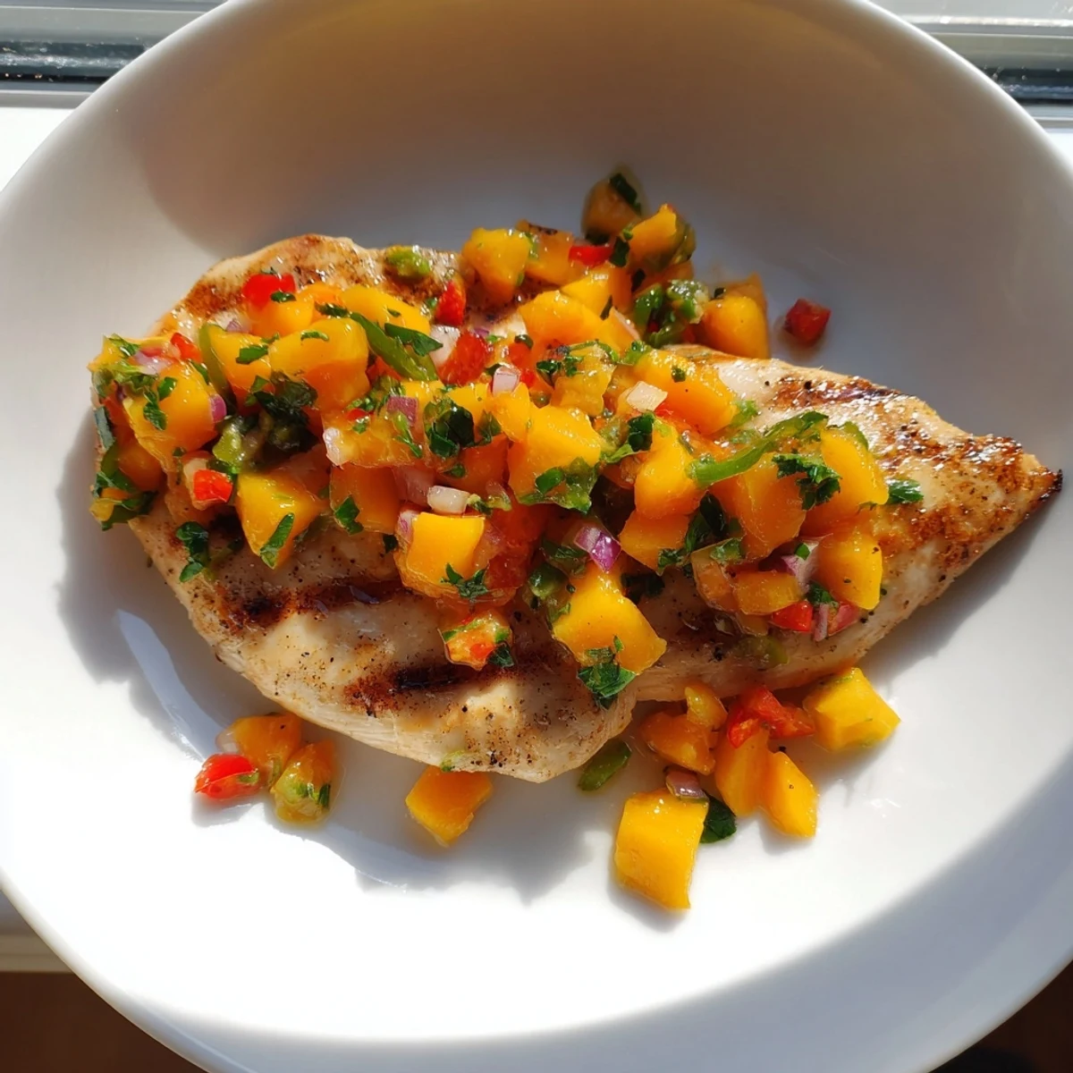 Close-up of freshly grilled Mango Salsa Chicken, bursting with flavors and perfect for summer.