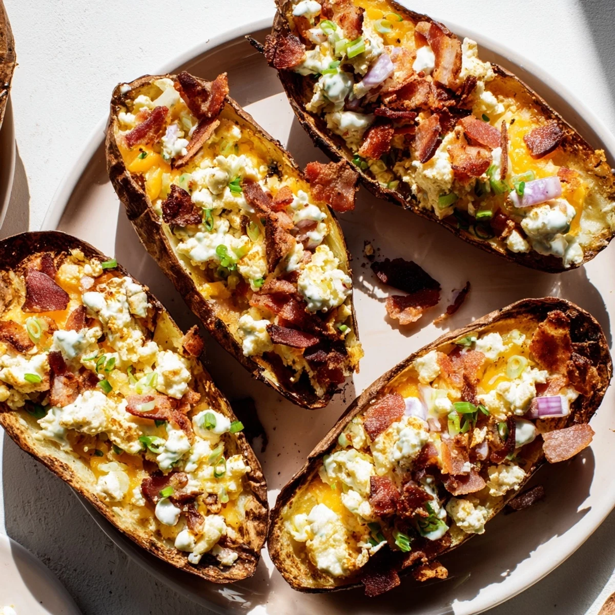 A close-up of crispy Loaded Baked Potato Skins showing melted cheese, with bacon crumbles and chives on top.