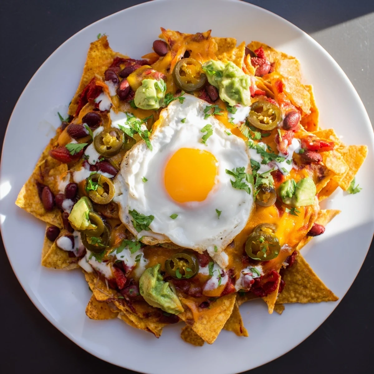 Imagine a plate of warm Egg-Topped Breakfast Nachos, complete with creamy avocado and fresh cilantro.