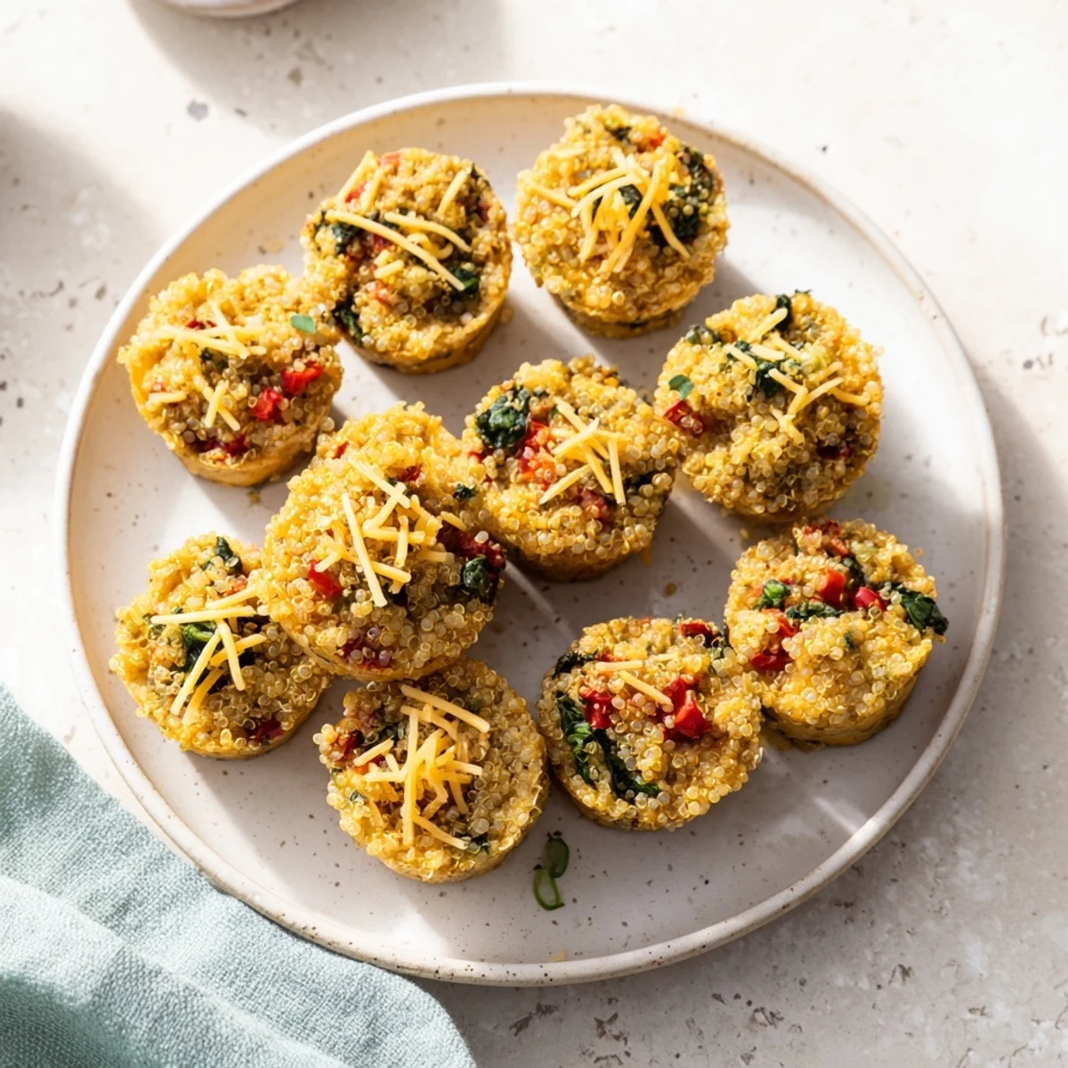 Golden-brown Baked Cheddar Quinoa Bites ready to eat, a flavorful vegetarian snack for any meal.