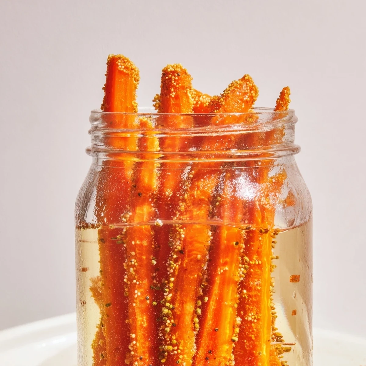 Quick Pickled Carrot Spears arranged in a glass jar, vibrant and ready to eat as refreshing pickles.