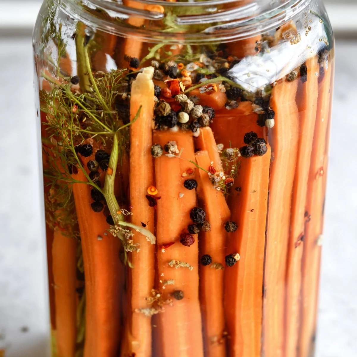 Close-up of Quick Pickled Carrot Spears, glistening with tangy brine and seasoned with spices.