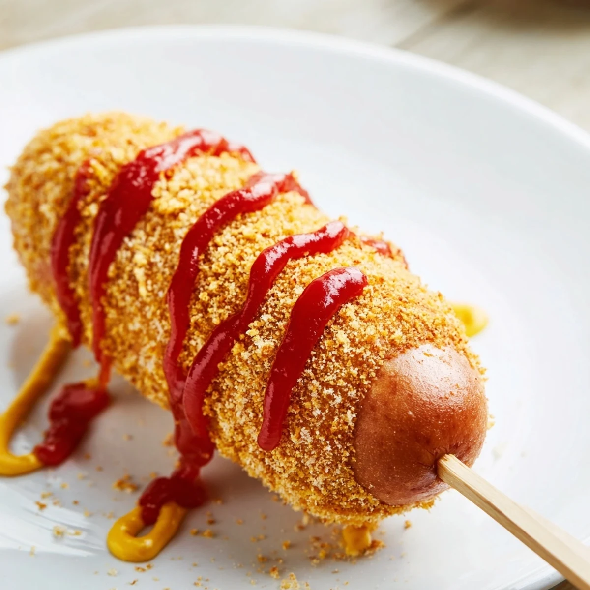 Close-up of freshly fried Korean-Inspired Corn Dogs, showing the crunchy, golden exterior ready to be enjoyed.