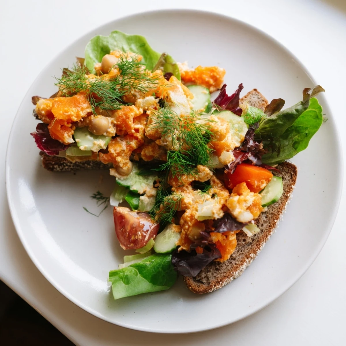 Creamy, chunky Easy Chickpea Salad Sandwich, piled high with fresh vegetables and flavorful filling.