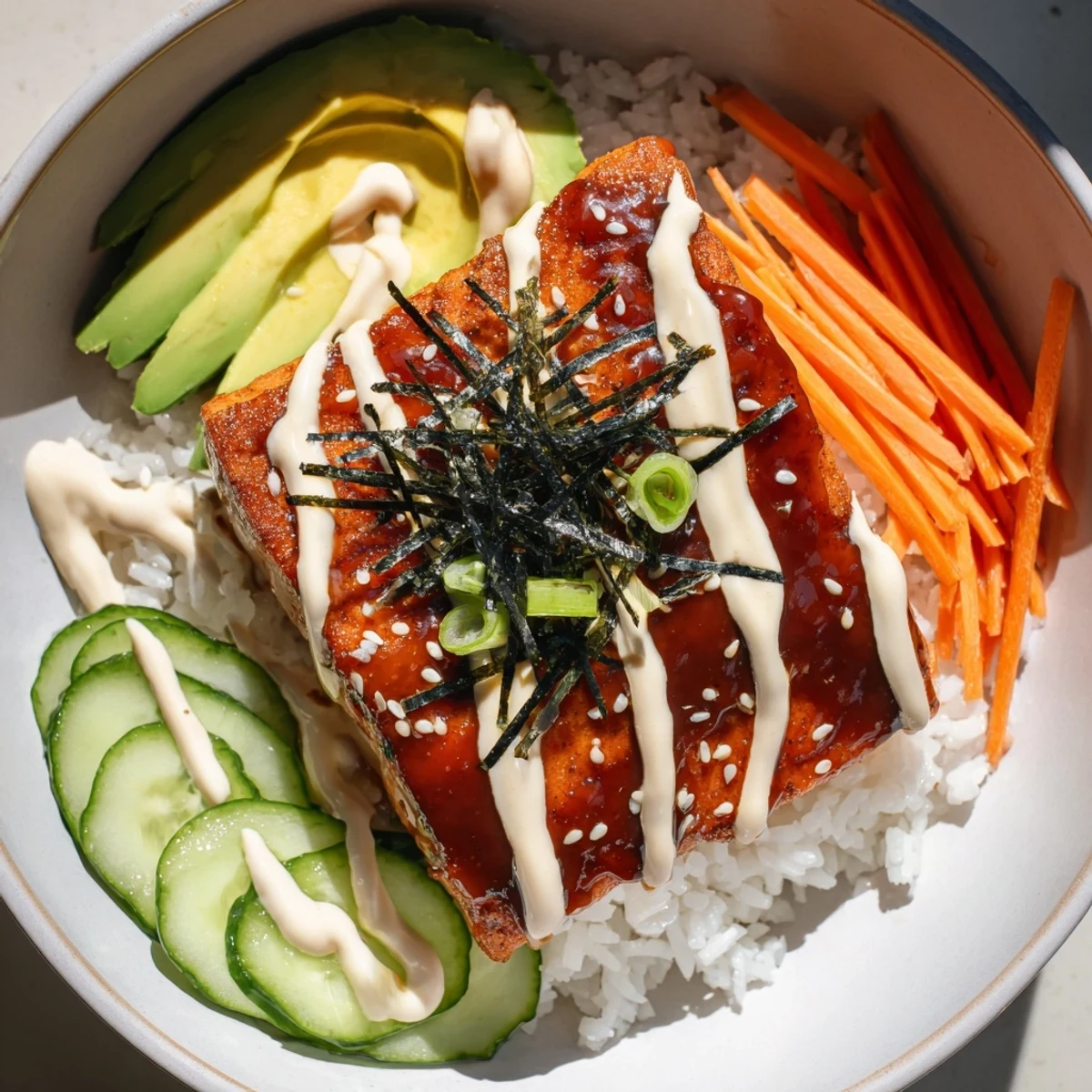 Tazones de teriyaki salmon, con salmón brillante y brillante, servidos con arroz, vegetales frescos.