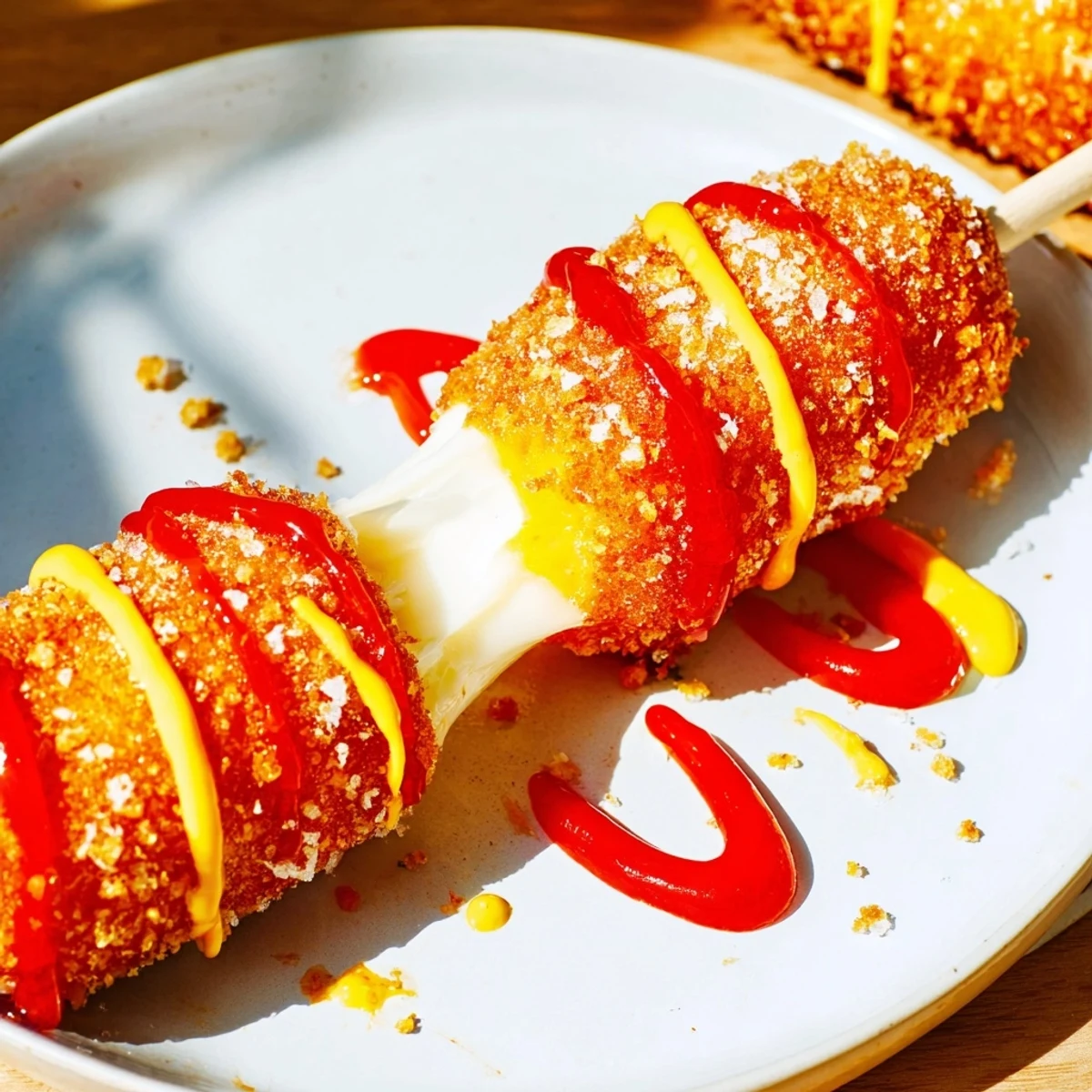 Golden-fried Cheesy Korean Corn Dogs, a savory street food treat with melting cheese pull.