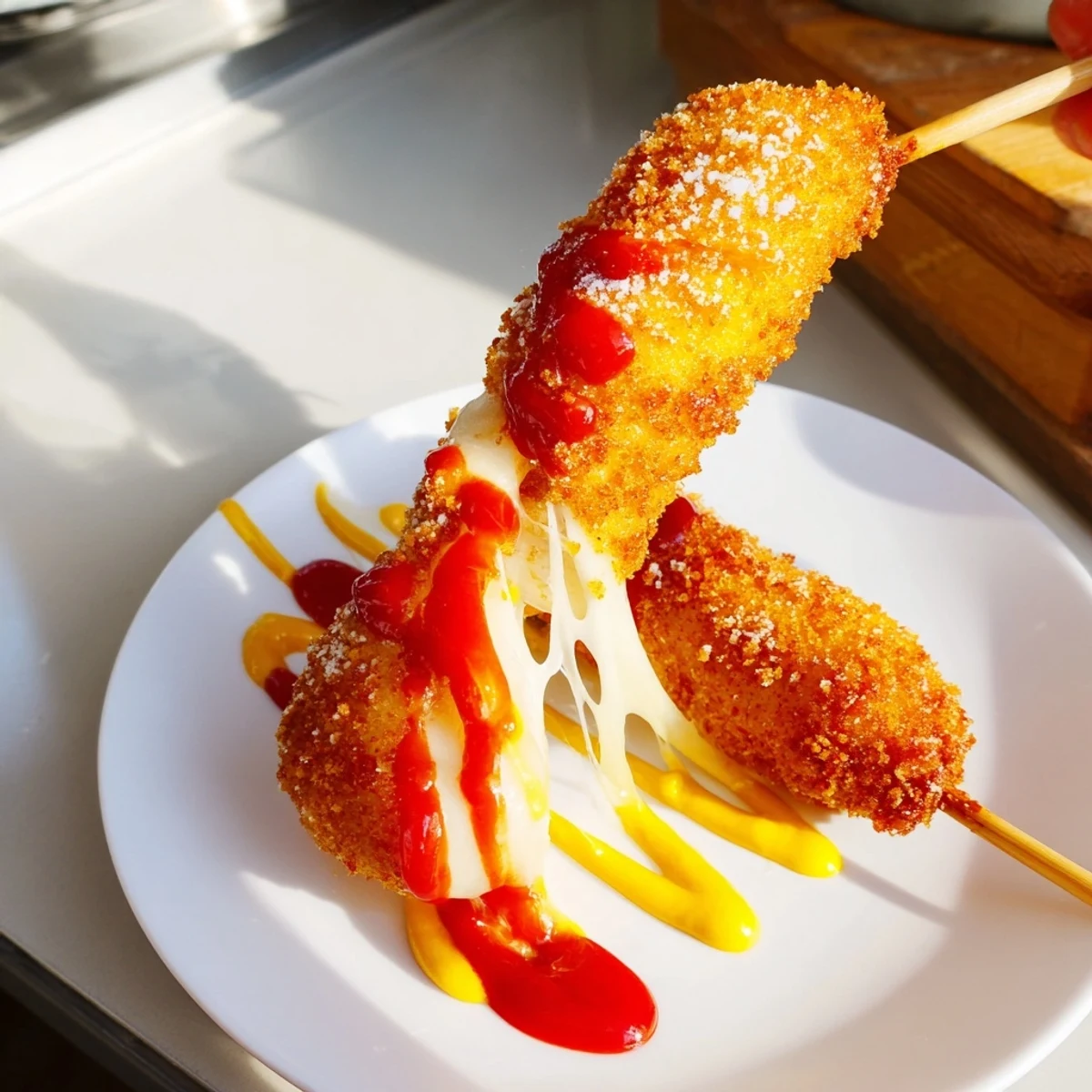 A close-up of a freshly fried Cheesy Korean Corn Dog, glistening and ready for toppings.