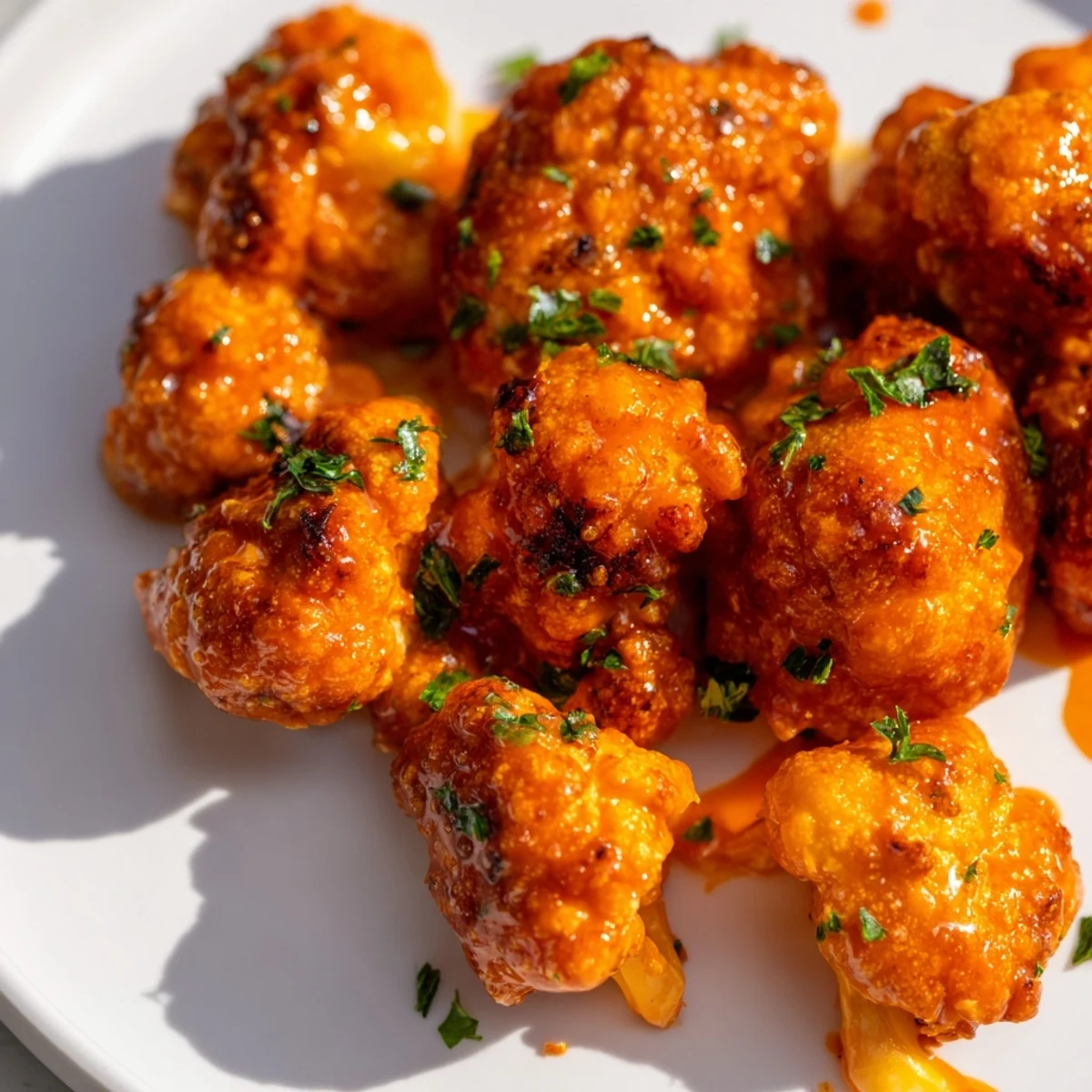 Crispy Buffalo Cauliflower Bites, coated in fiery sauce, ready to be served as an appetizer.