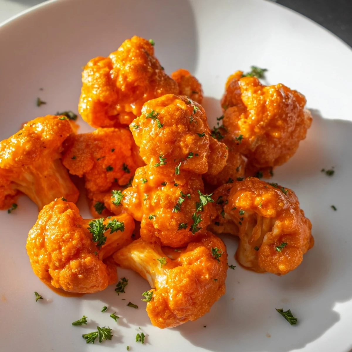 Golden-brown Buffalo Cauliflower Bites, perfect for game day or a vegan-friendly party platter.