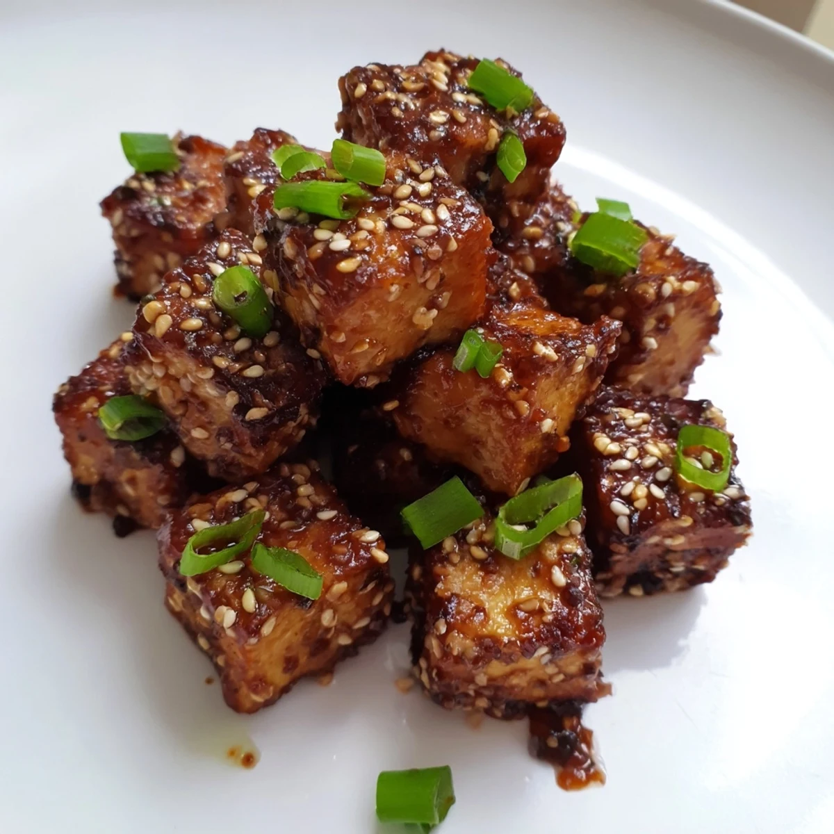 Close-up of golden honey gochujang tofu cubes, perfectly coated in a sweet and savory sauce.
