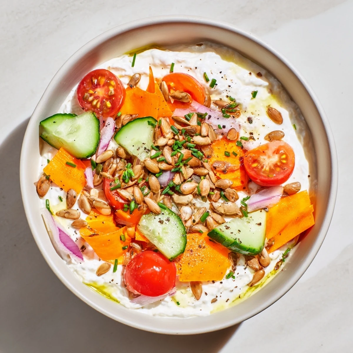 Creamy cottage cheese snack bowl with fresh veggies: a vibrant, high-protein cottage cheese remix.