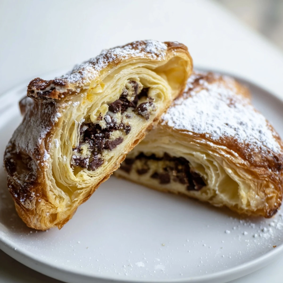 Warm, freshly baked Cookie Croissant, showing a cross-section of dough and flaky croissant layers.
