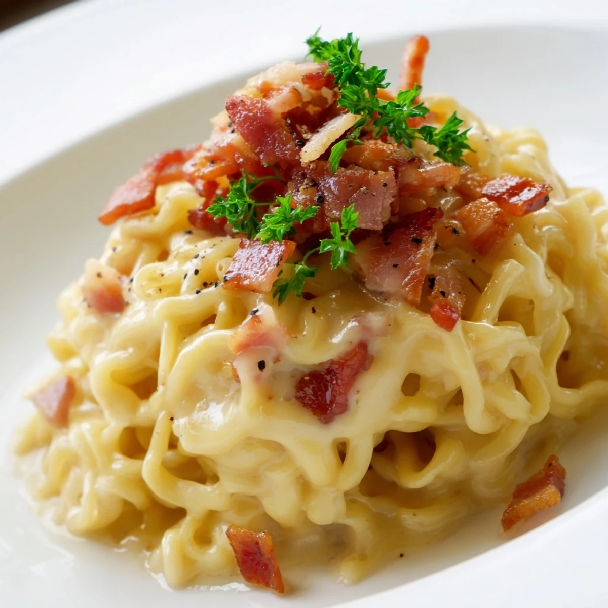 Creamy Ramen Carbonara Hack with a blanket of Parmesan, ready for a delicious lunch.