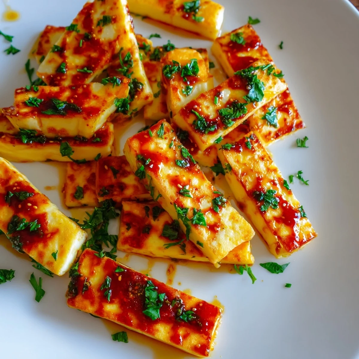 Crispy, golden-brown Hot Honey Halloumi, drizzled with spicy honey glaze, ready to eat.