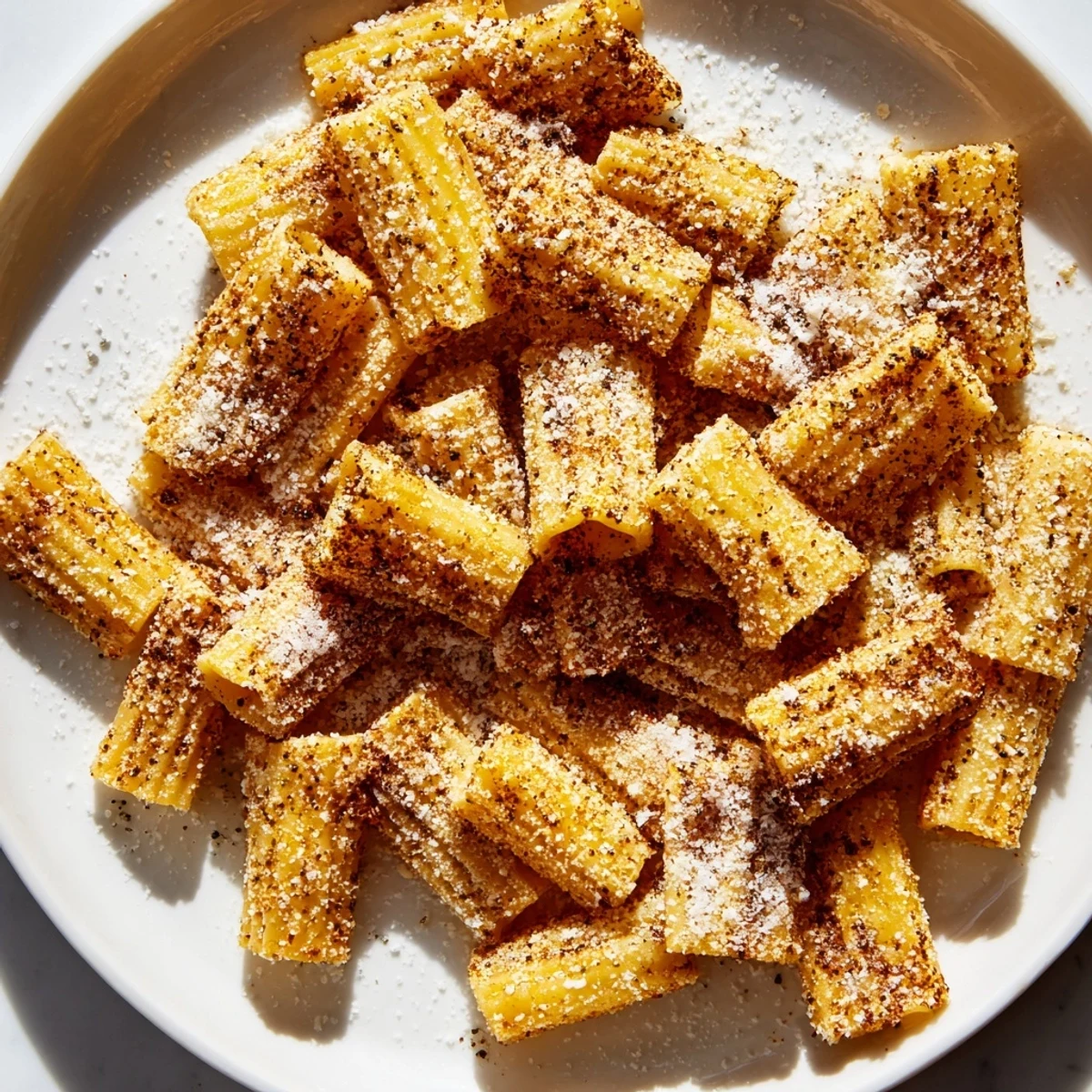 Close-up of golden brown Parmesan pasta chips, a crunchy, savory snack, perfect for sharing.