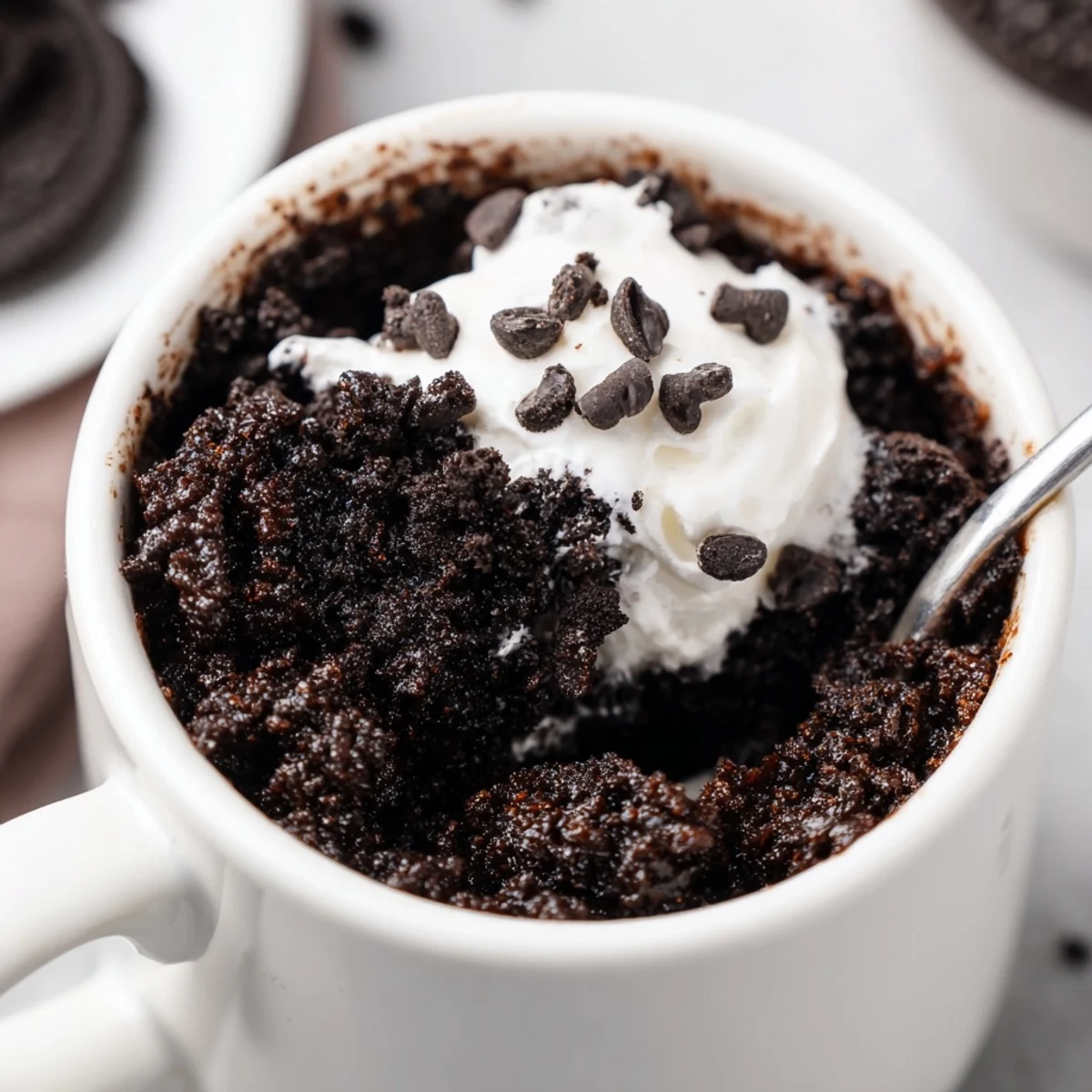 Close-up of a perfectly cooked Oreo Mug Cake, rich and decadent, a delicious single serving.