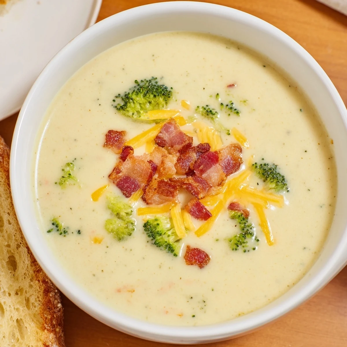 Steaming bowl of broccoli cheddar soup served with golden, crispy buttered bread.