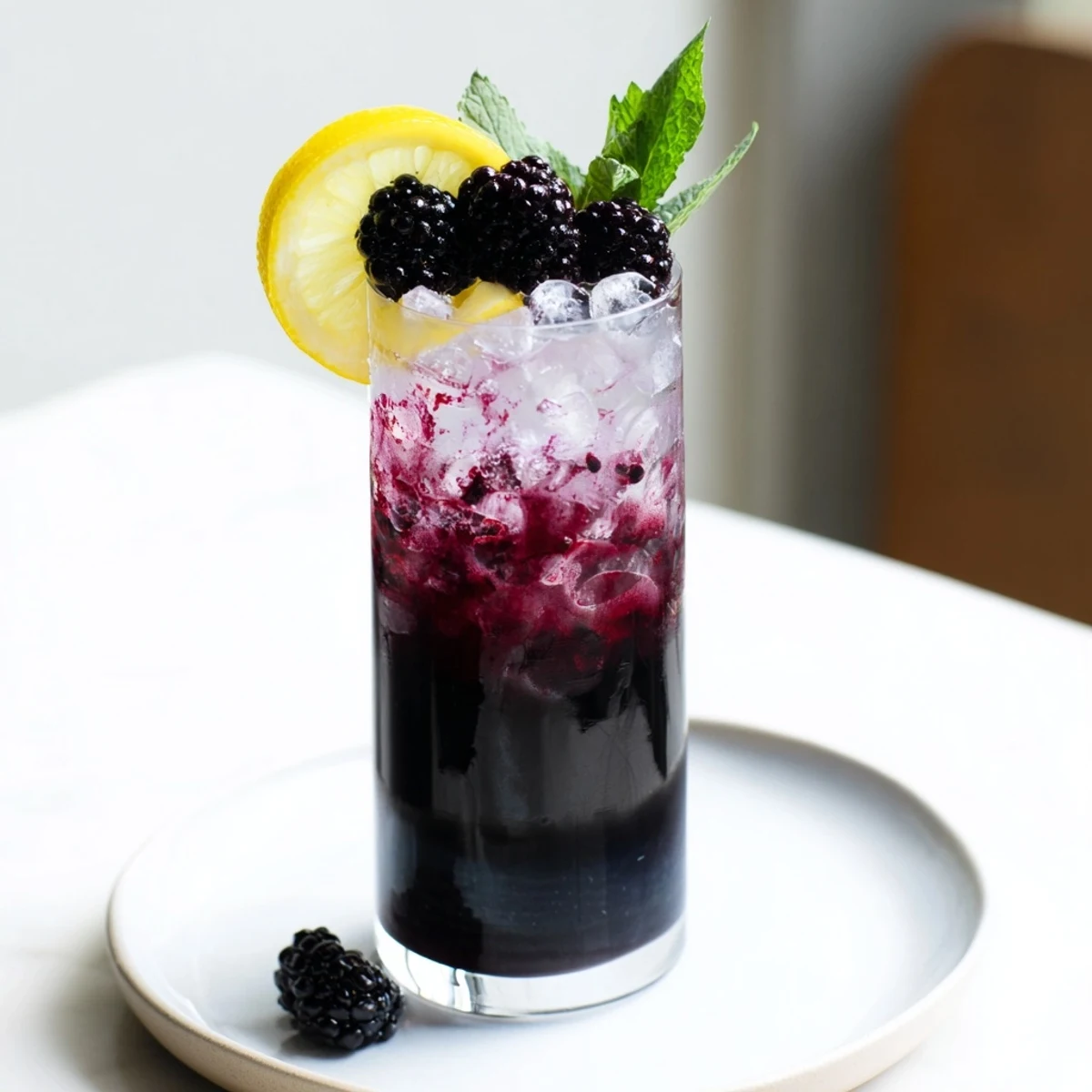 Dark Matter Mocktail: layered jet-black mocktail with blackberries, a refreshing non-alcoholic beverage for any occasion.
