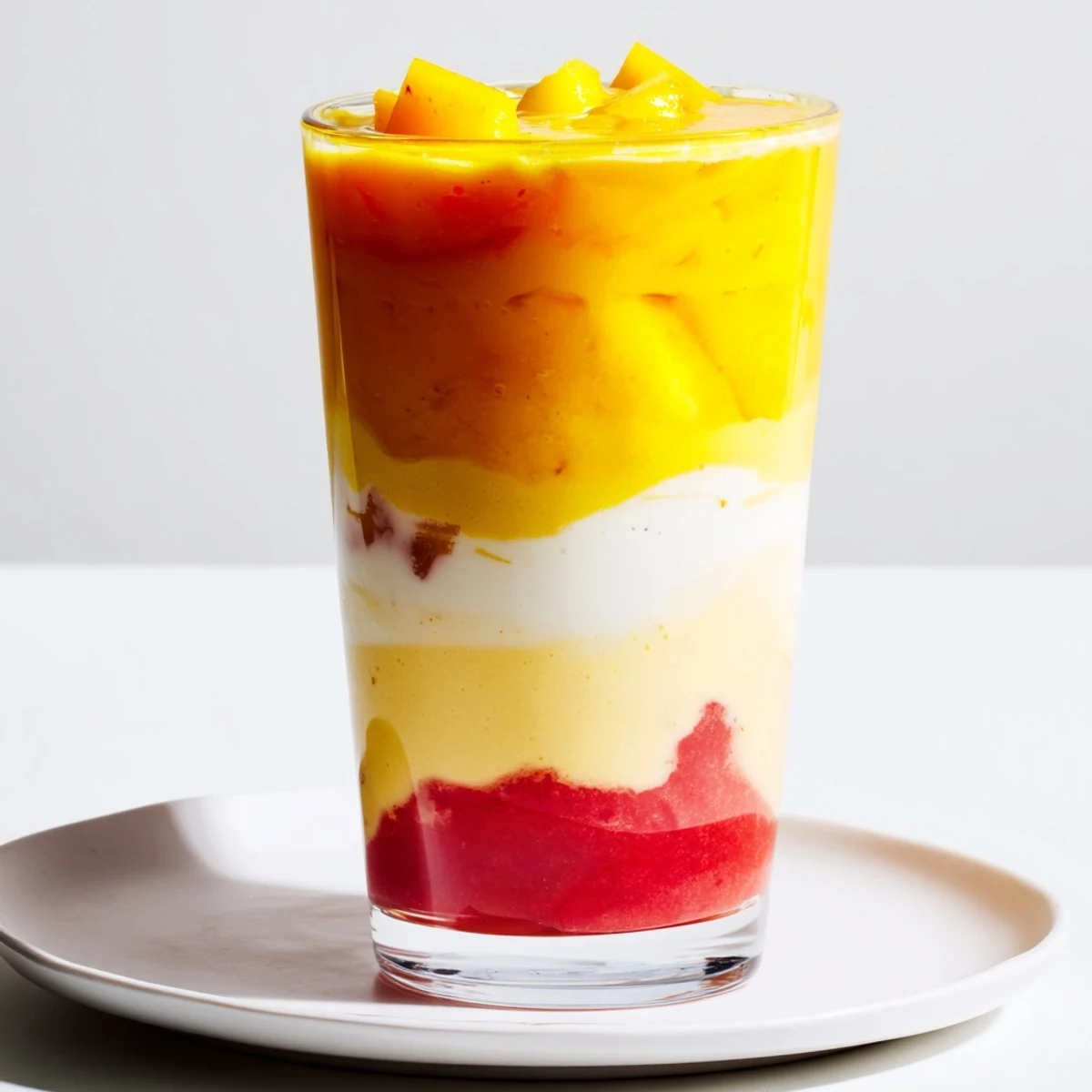 Vibrant layers of the Tropical Sunset Smoothie showcase mango, passion fruit, and orange juice.