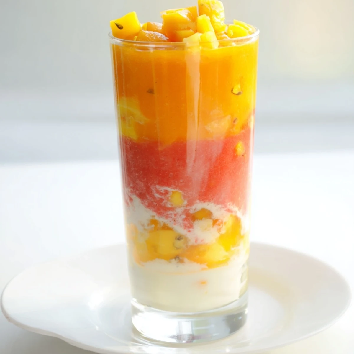 A close-up of a refreshing Tropical Sunset Smoothie, perfect for a summer breakfast.