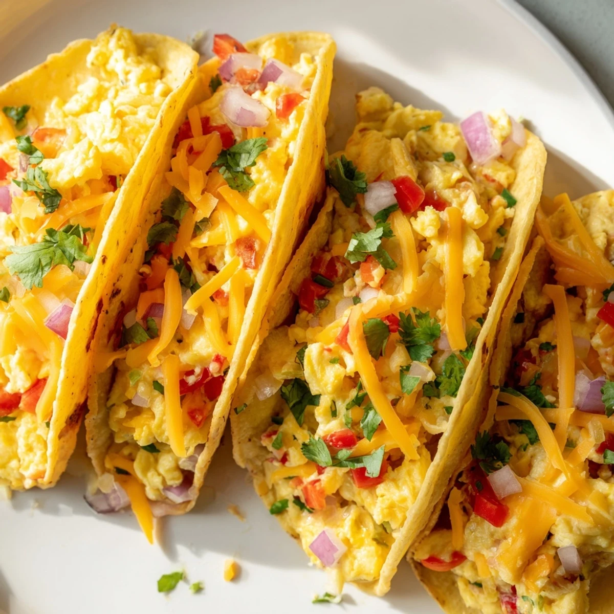 Golden brown Sheet Pan Breakfast Tacos loaded with eggs, cheddar cheese, and colorful bell peppers.