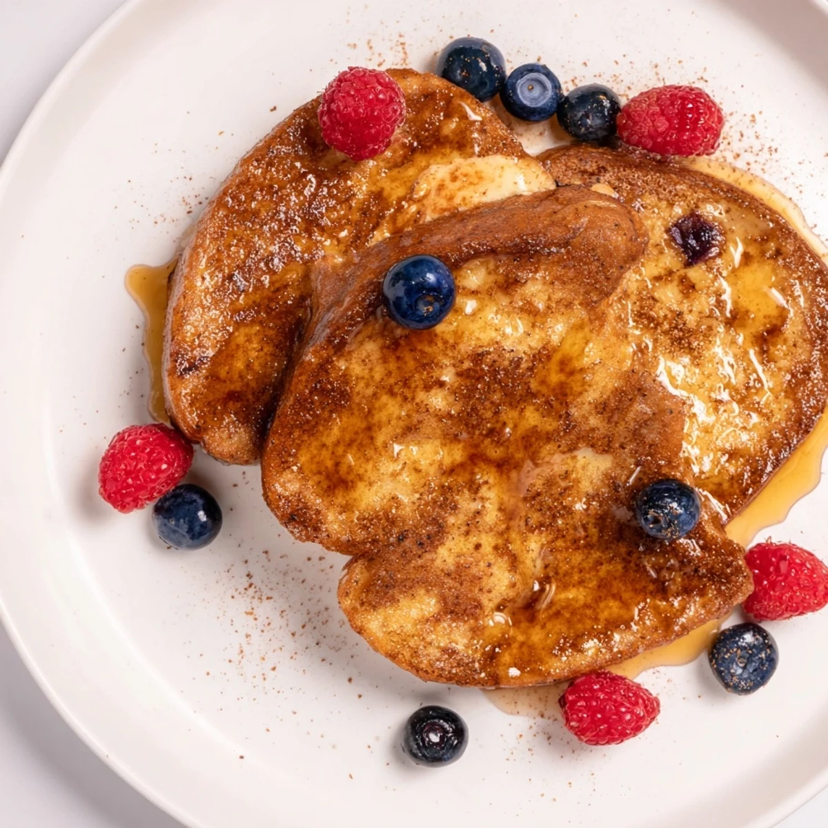 Thick slices of custardy ice cream French toast, ready to drizzle with maple syrup for brunch.