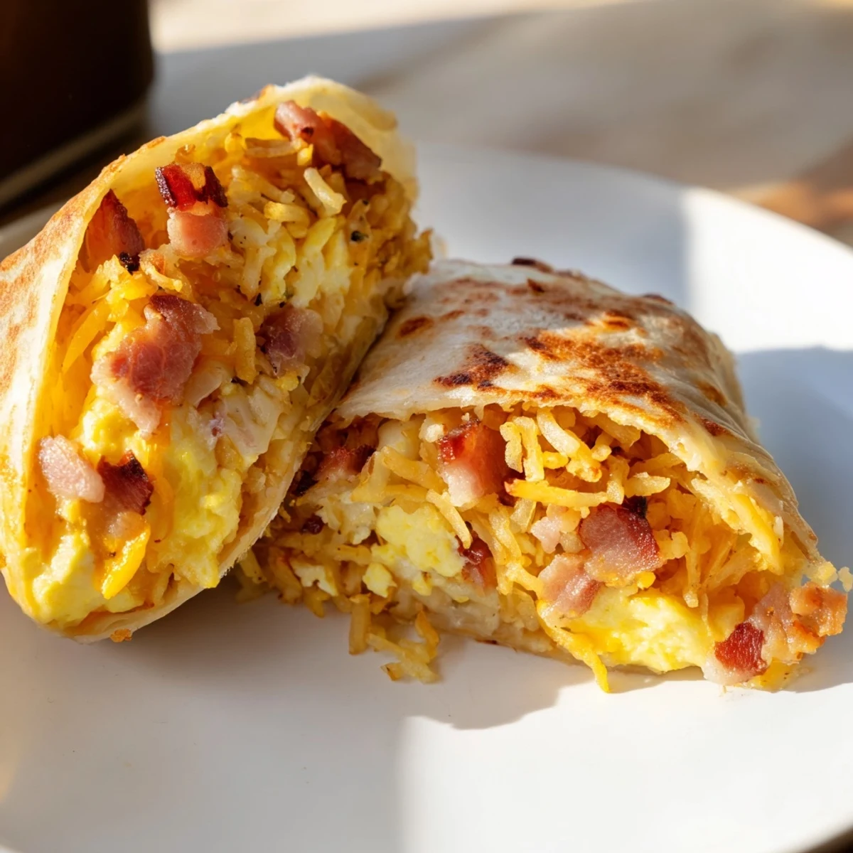 Warm, appetizing B.E.C. Breakfast Bites, showing a close-up of the delicious ingredients inside the tortilla.
