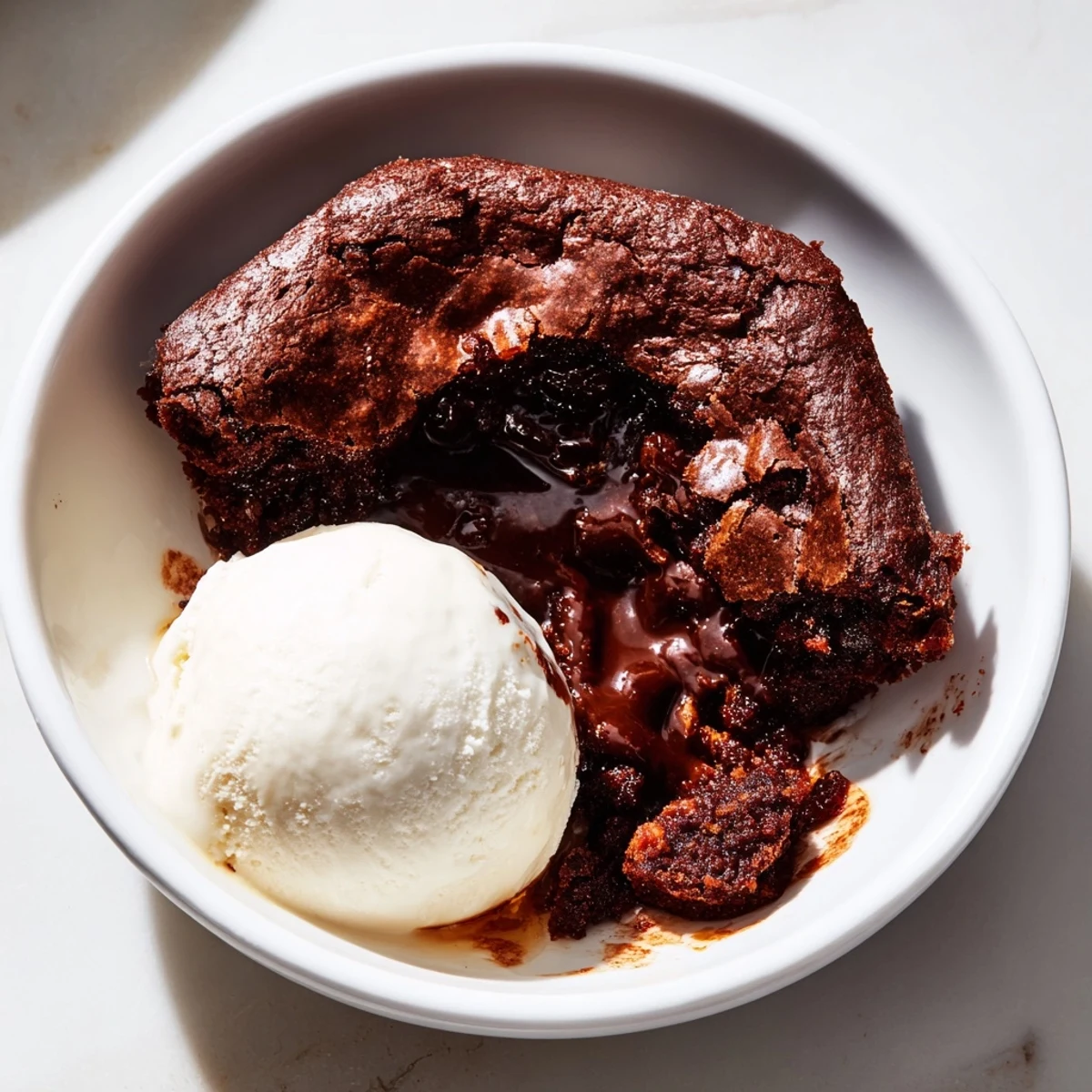 Decadent Ina Garten Brownie Pudding, crackly-topped and a luscious, molten chocolate center, ready to serve.