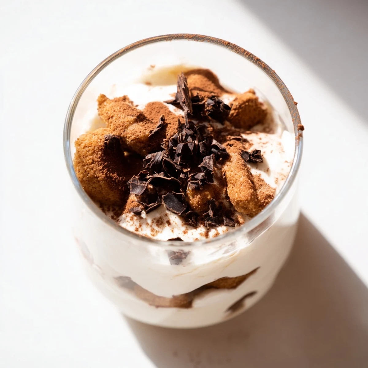 Deconstructed Tiramisu Shots in small glasses with layers of soaked biscuits and creamy mascarpone.