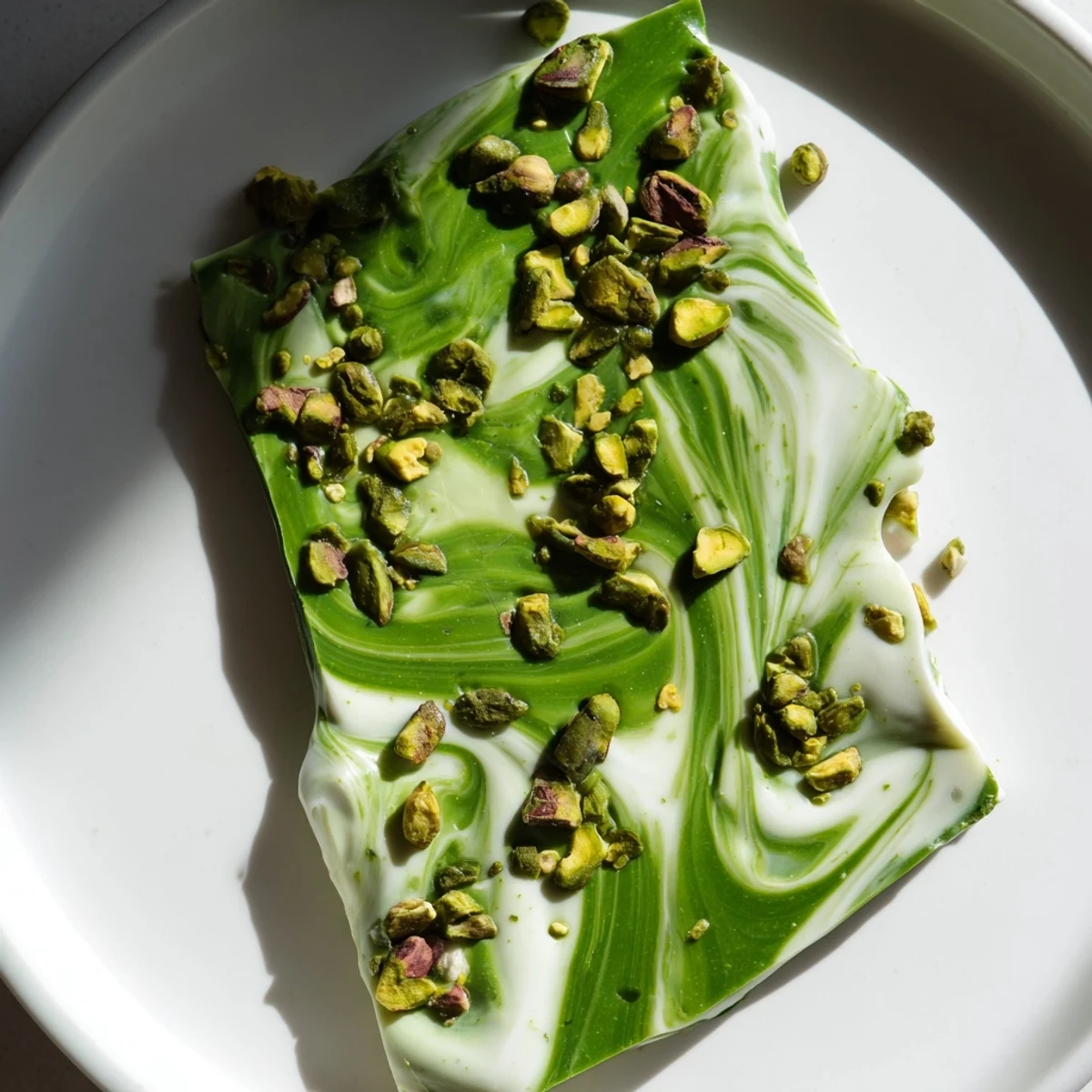 Sweet and earthy Pistachio Matcha White Chocolate bark, featuring vibrant green matcha dusted on creamy white.