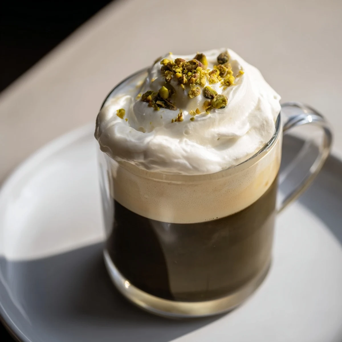 Steaming pistachio milk layered over espresso, topped with airy cold foam; a luxurious Pistachio Latte.