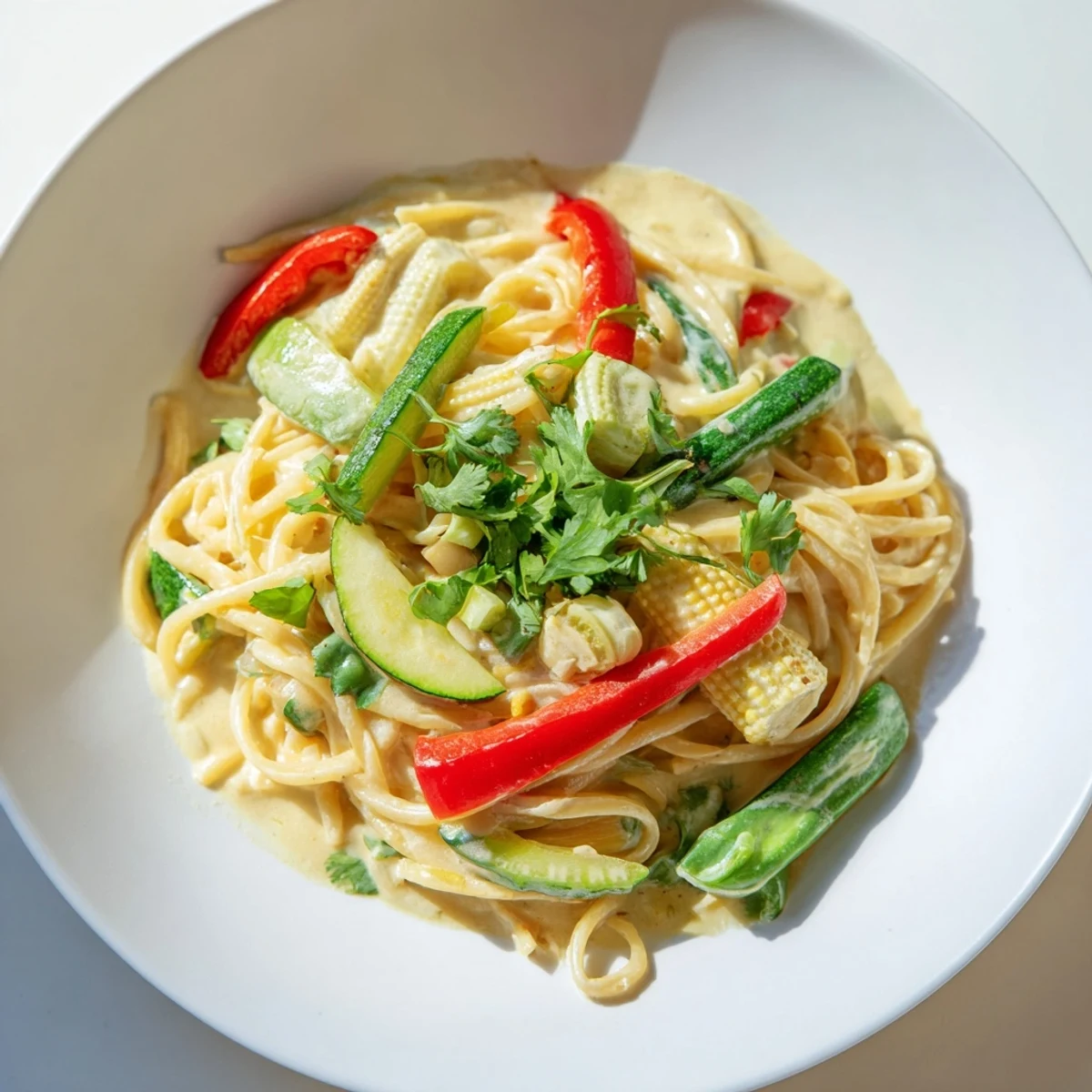 Vibrant Thai Curry Pasta, showcasing perfectly cooked pasta and fresh, crisp vegetables in a creamy sauce.