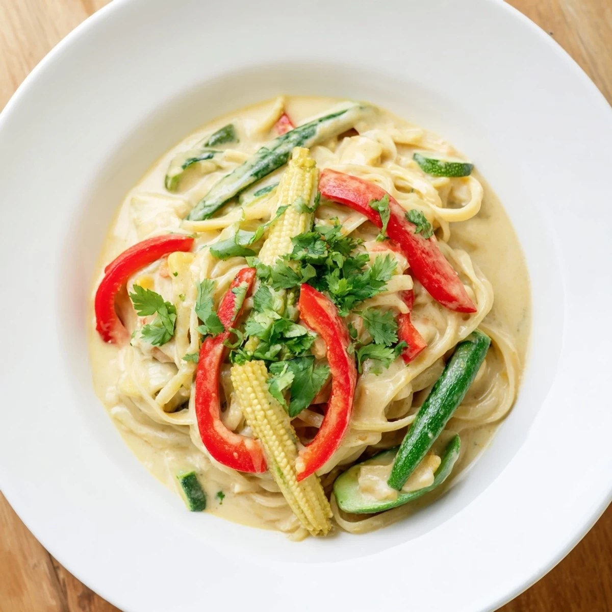Close-up of a delicious and fragrant Thai Curry Pasta, ready to devour with fresh cilantro garnish.