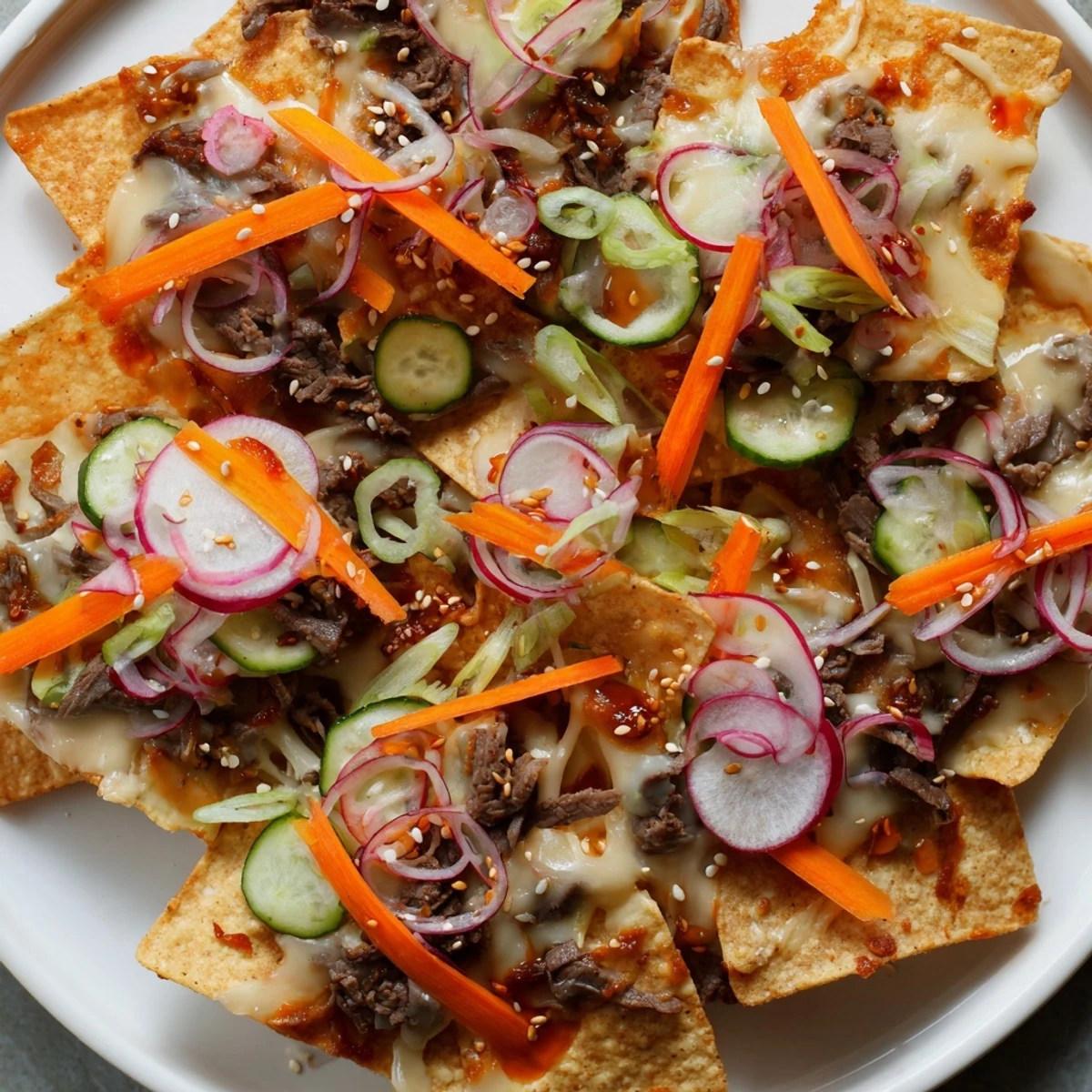 A close-up of delicious Korean BBQ nachos, overflowing with savory beef and fresh toppings.