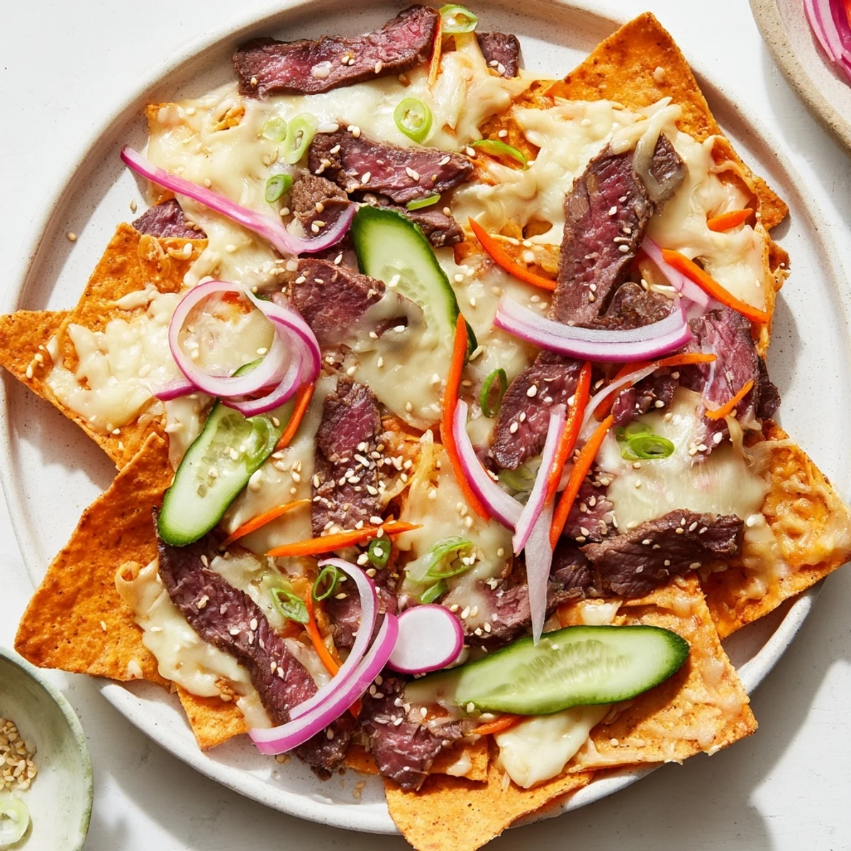 Sizzling Korean BBQ nachos with melted cheeses and vibrant vegetables, ready to serve.
