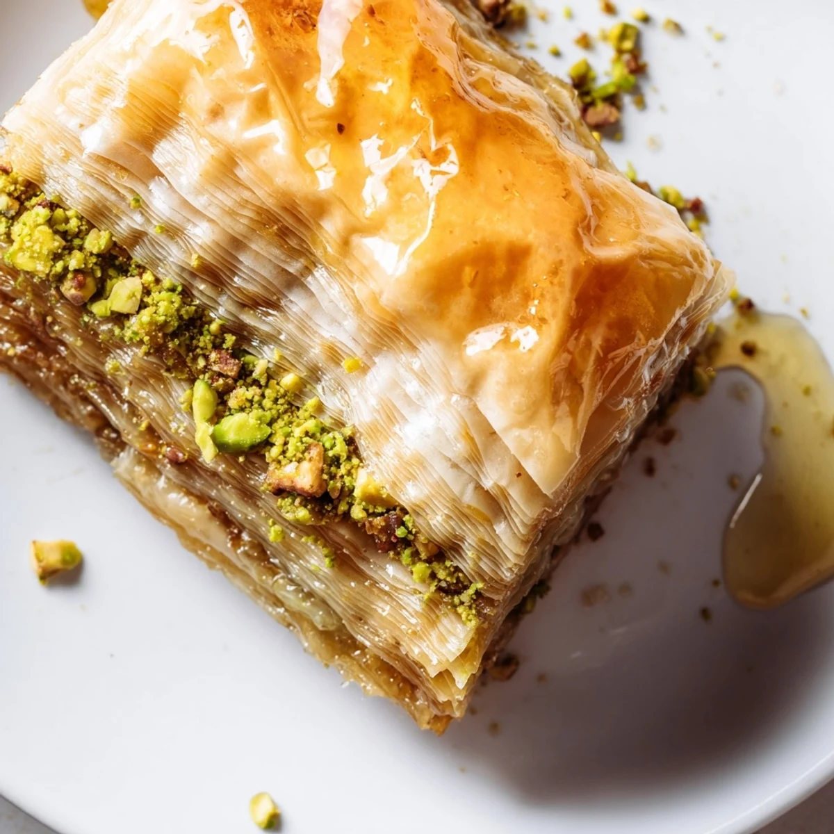 Golden squares of Turkish hazelnut and pistachio baklava, glistening with sweet honey syrup.