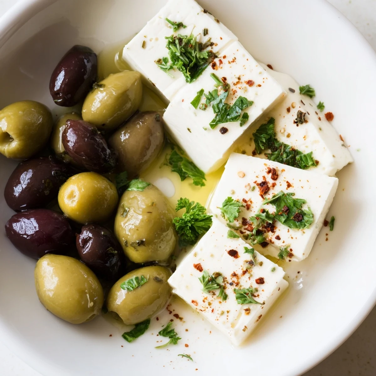 Bright photo of a Turkish Olives & Cheese Board, a perfect vegetarian appetizer, ready for sharing with friends.